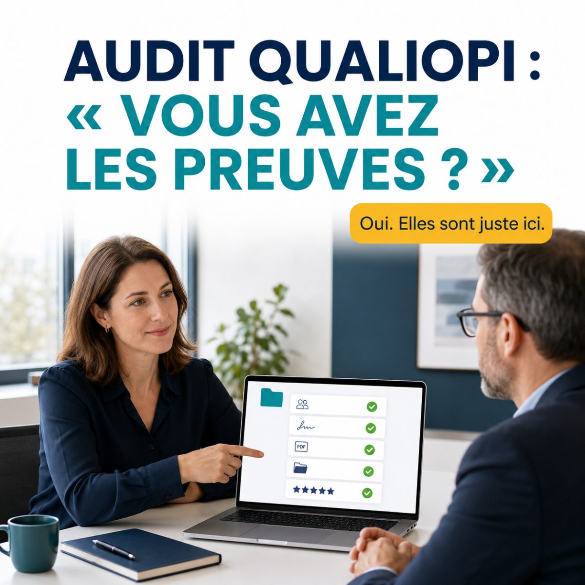 Entretien d’audit : une responsable de formation montre sur son ordinateur un dossier Emargio dont les preuves sont validées (présences, signatures, PDF, satisfaction)