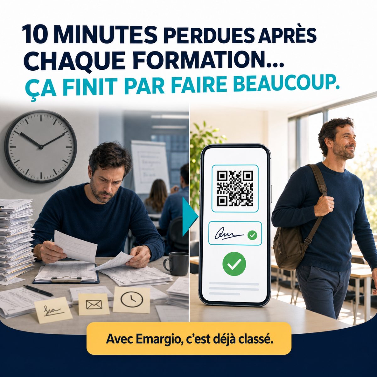 Comparaison avant/après : un formateur submergé de paperasse d’un côté, un smartphone affichant un émargement signé et classé de l’autre