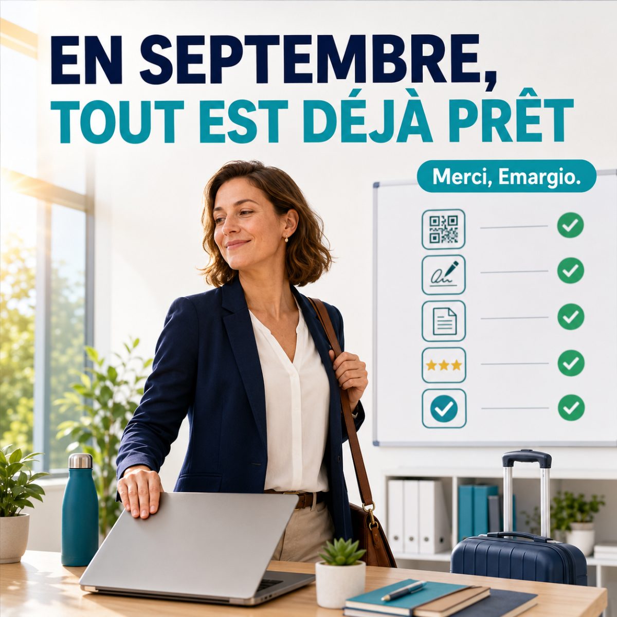 Responsable de formation sereine quittant son bureau, un tableau affichant une checklist Emargio entièrement validée : QR code, signature, document, satisfaction