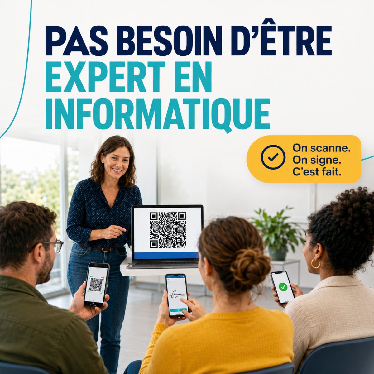 Formatrice présentant un QR code sur son ordinateur portable, des stagiaires scannant et signant sur leur téléphone